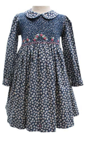 Girls Long Sleeved Hand Smocked Blue Floral Fall Dress in Pima Cotton