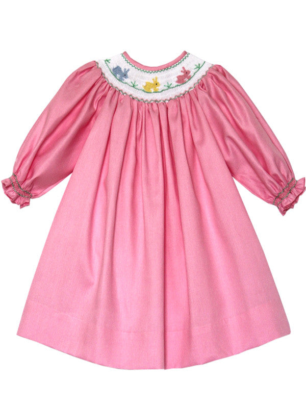 Girls Easter Bishop Dress with Smocked Pink Bunny Long Sleeve