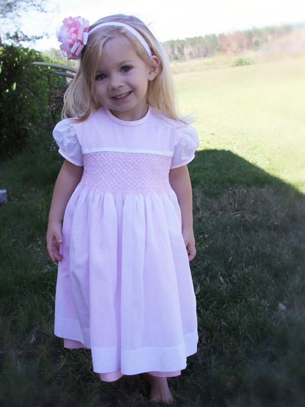 White and Pink Girls Hand Smocked Dress