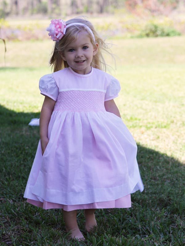 White and Pink Girls Hand Smocked Dress