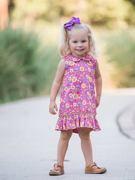 Pink Floral Girls Dress with Hand Smocked Ruffles
