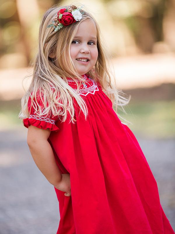 Smocked Snowman Red Christmas Girls Dress Bishop Style