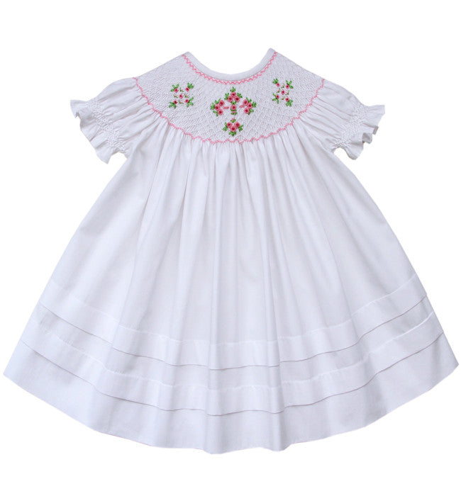 Girls White Easter Smocked Cross Bishop Dress Christening Communion