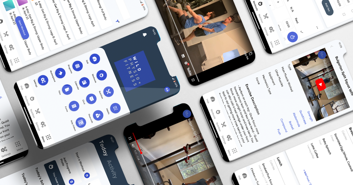 Wild Phsyio Fitness Online Program App: interface of different screens displaying the different video exercises, habit tracking and more.