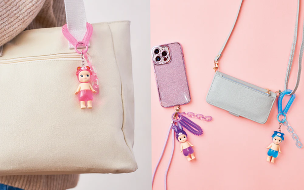 Examples of how you can hang the figures off bags, phones or purses