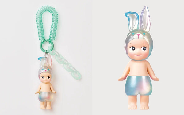 The Secret Mint Rabbit figure showing with and without the optional keyring