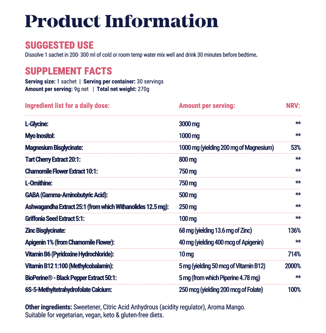 Product supplement information with ingredients, serving size, and nutritional values.