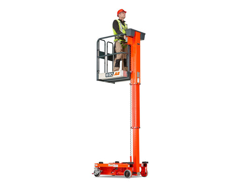 Man standing on a JLG 830P personnel lift as it is raised all the way up.