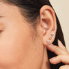 Sphere Flat Back Stud showcased on a woman's ear, featuring 14k solid gold and a threadless design for comfort, with titanium backing for metal sensitivity safety.