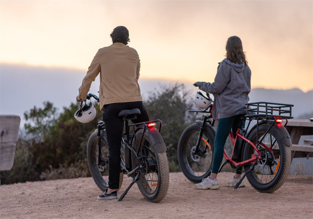 Cycling Tesway fat tire ebike to catching sun rising with your friends