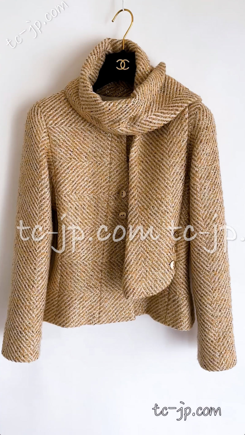 CHANEL 00A Vintage Gold Beige Wool Jacket w/ Scarf 36 38 シャネル  ヴィンテージ・ゴールド・ベージュ・ウール・ジャケット 即発