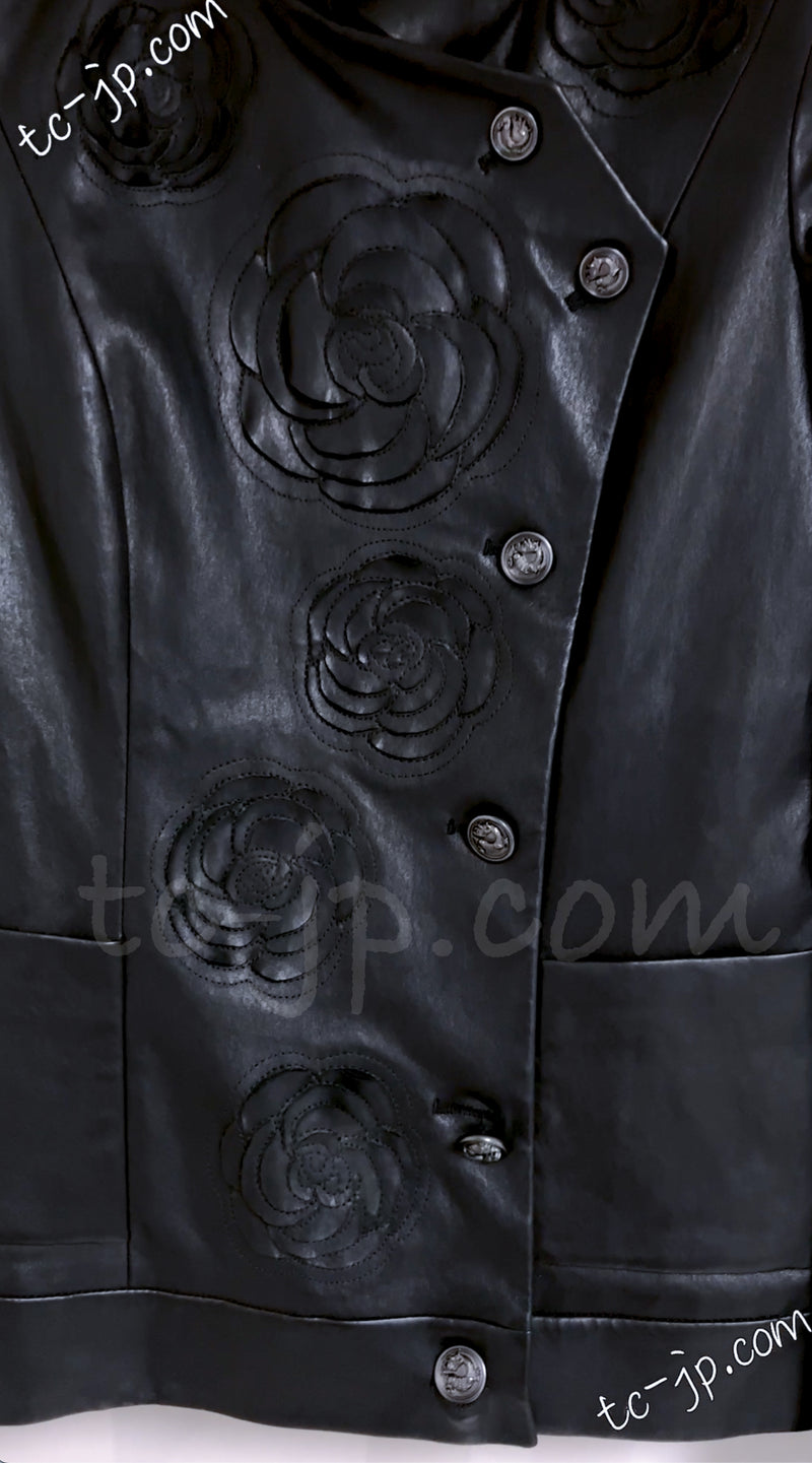 CHANEL 10PF Black Camelia Leather Jacket 34 36 シャネル ブラック カメリア柄 ラム・レザー・ジャケット  即発