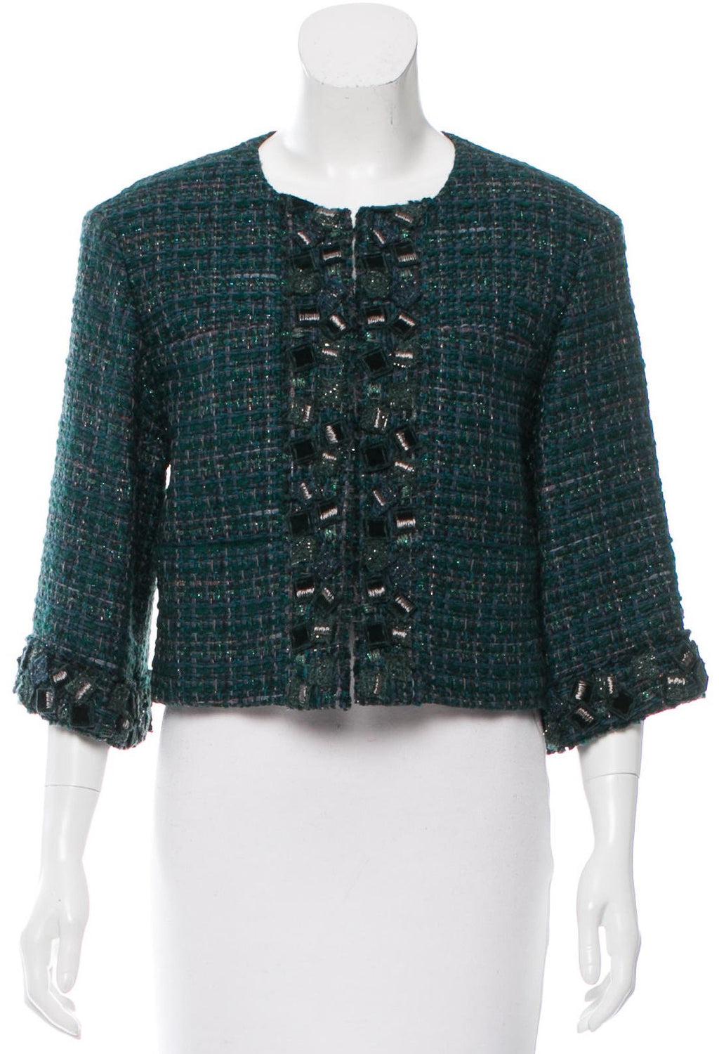 CHANEL 12A Blue Green Tweed Jacket 36 シャネル グリーン・ツイード・ジャケット