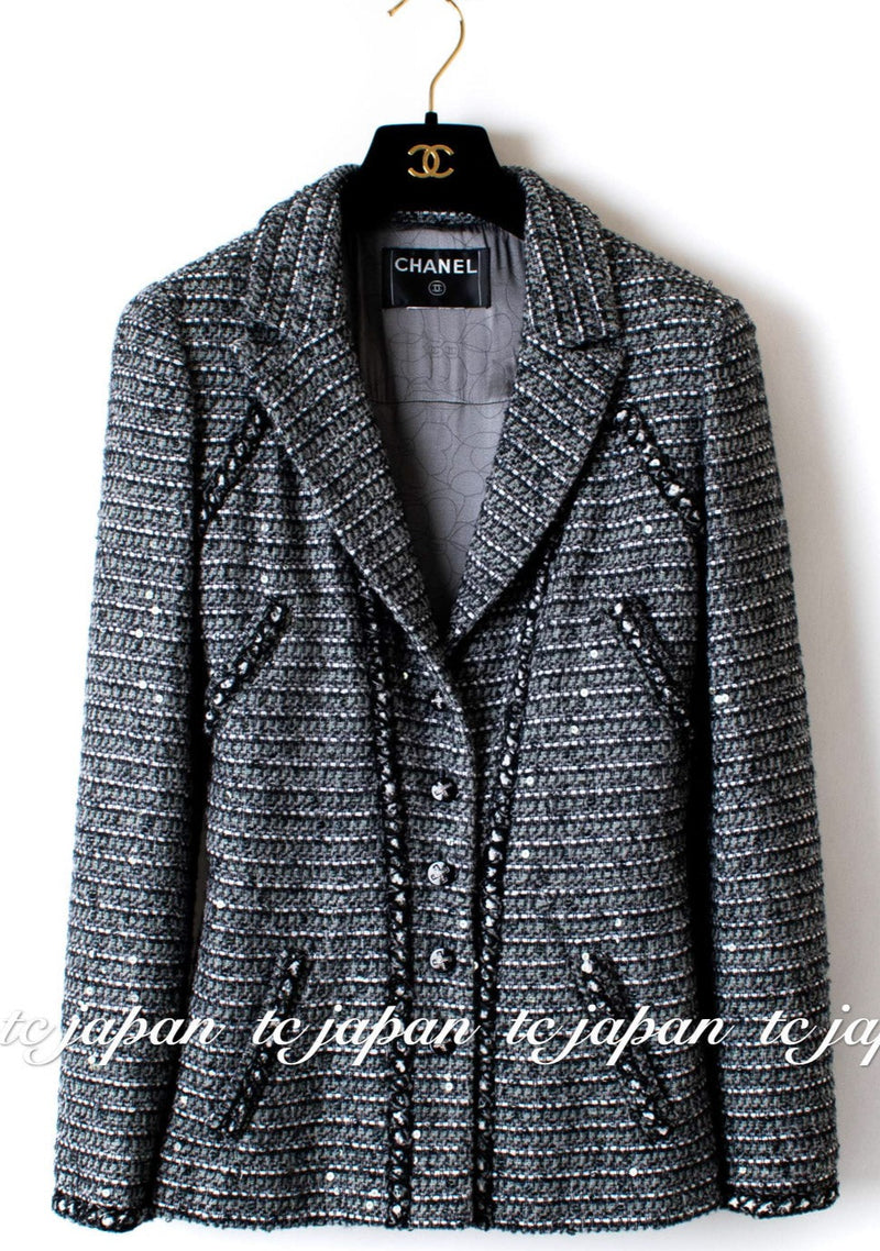CHANEL 06A Grey Black Sequined Tweed Jacket Dress suit 38 シャネル グレー・ブラック・ジャケット・ワンピース スーツ 即発