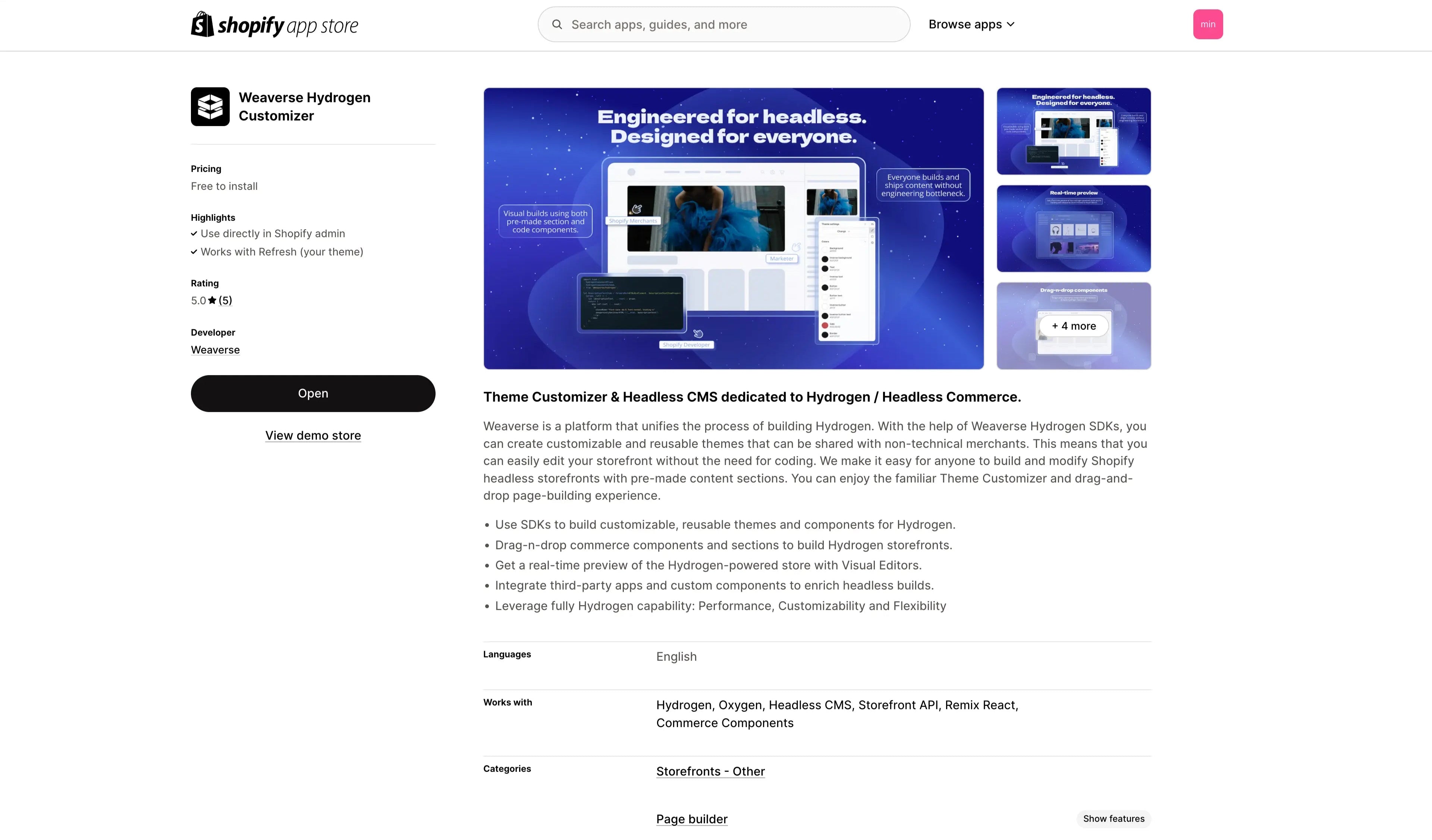 Weaverse on Shopify Apps Store