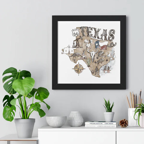 Texas State with State symbols Framed Horizontal Poster