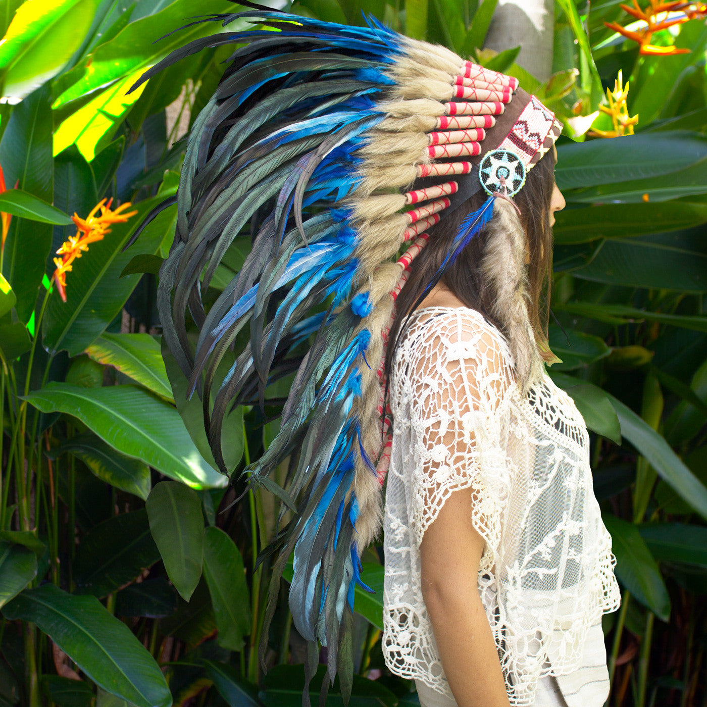 Long Native American Headdress Replica - Blue Rooster Feathers – The ...