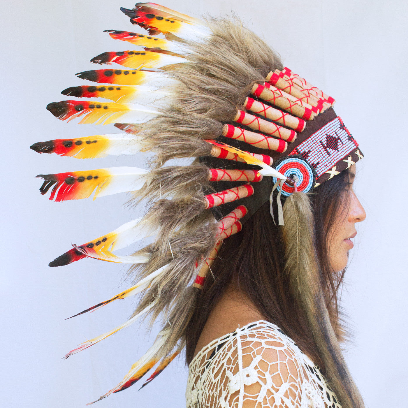 Native American Headdress Replica Multicolor Duck Feathers The Sounding Iron