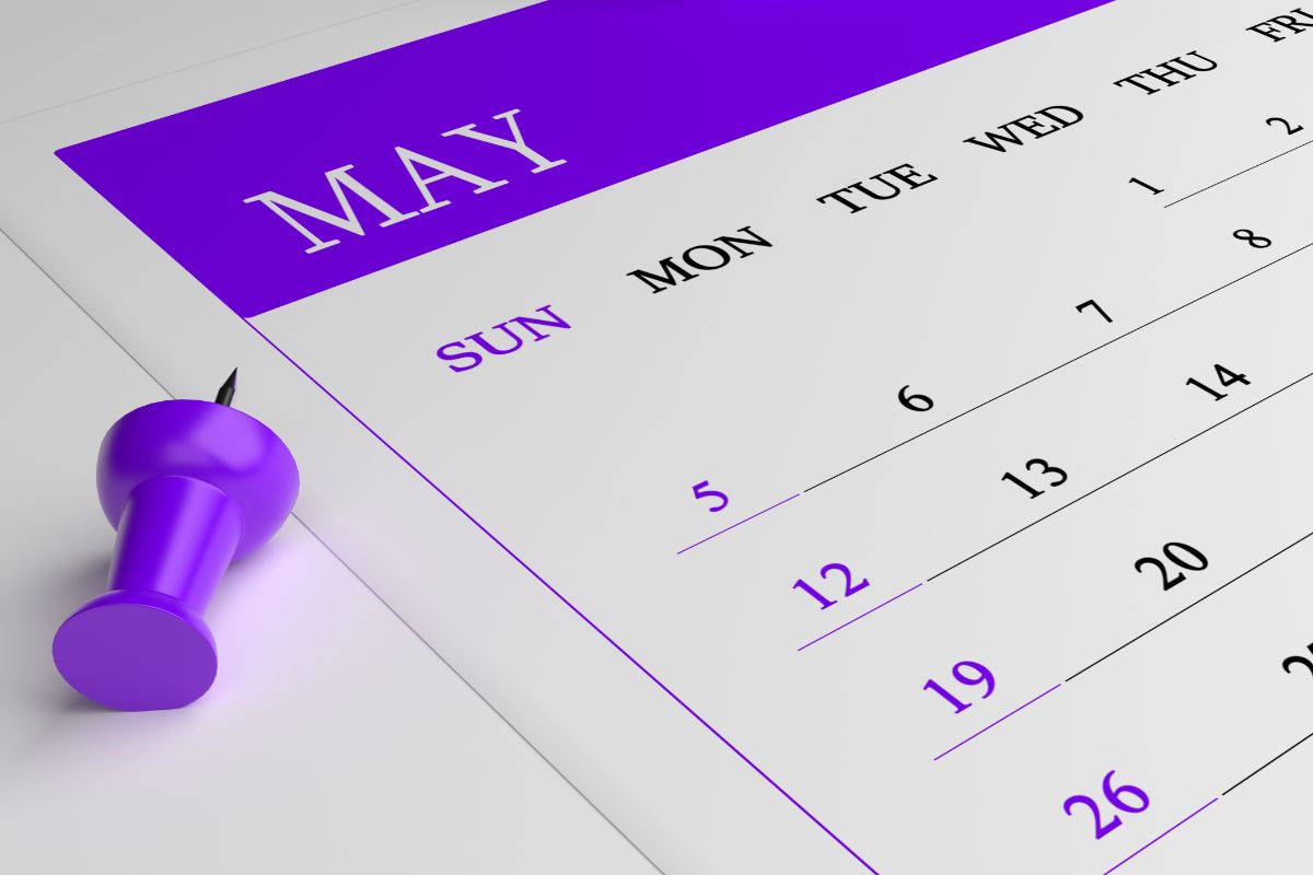 May month calender containing purple color showing it is awareness month for Fibromyalgia.