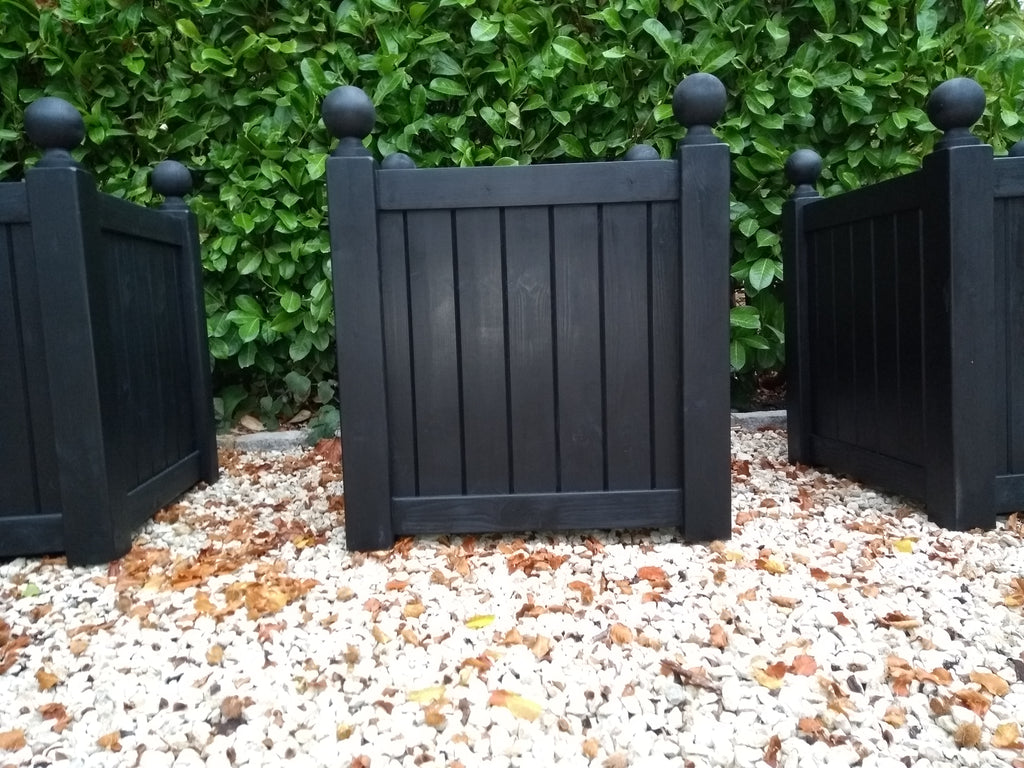 Versailles square wooden planters painted with Cuprinol's 