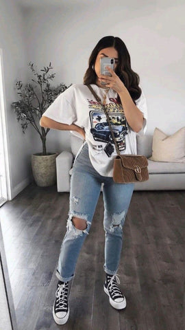 Shirt Over T-Shirt + Ripped Jeans + Sneakers