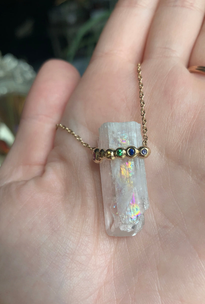 JHJ 14k Gold Rainbow Danburite Crystal Necklace