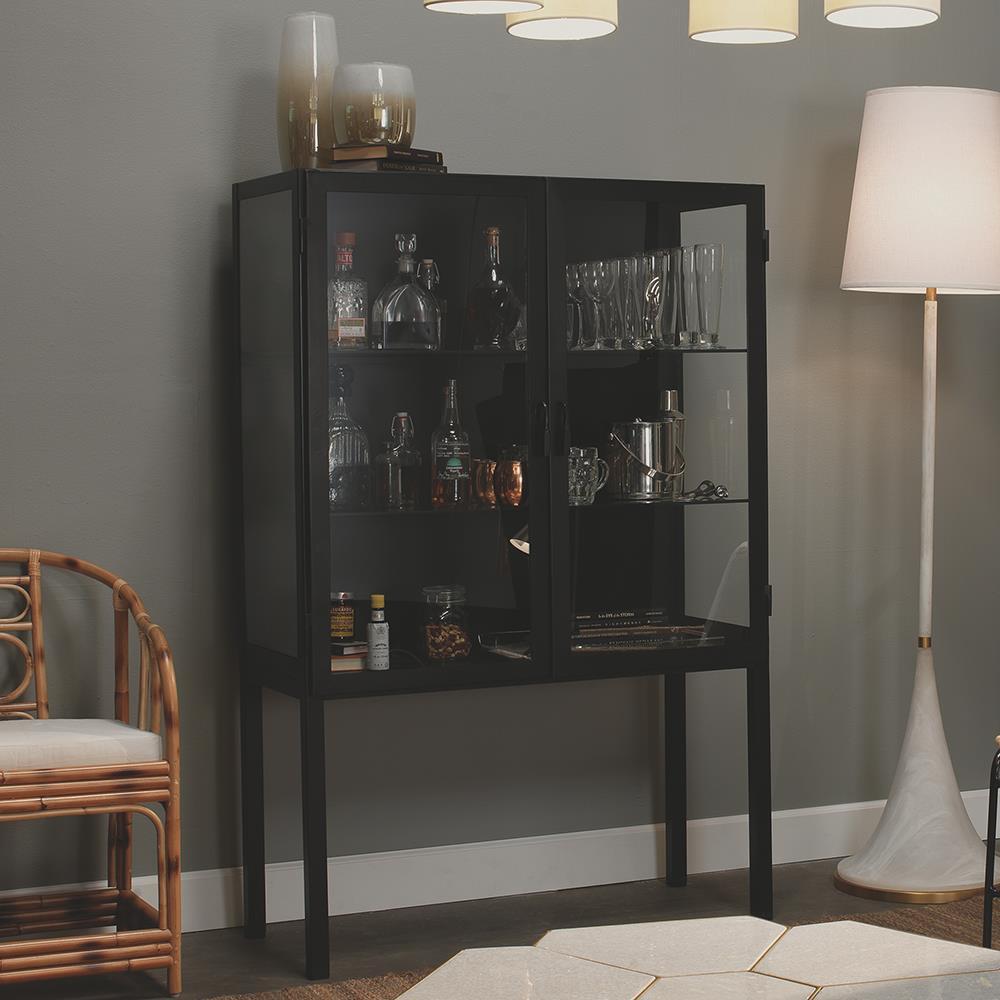 Jamie Young Chauncey Wide Curio Bar Cabinet in Black Iron and Clear Glass |  Alchemy Fine Home