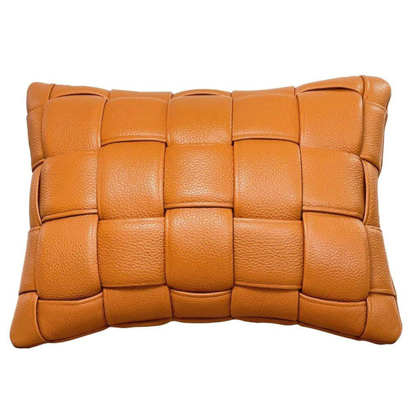 Mini Woven Leather Pillow - Cognac