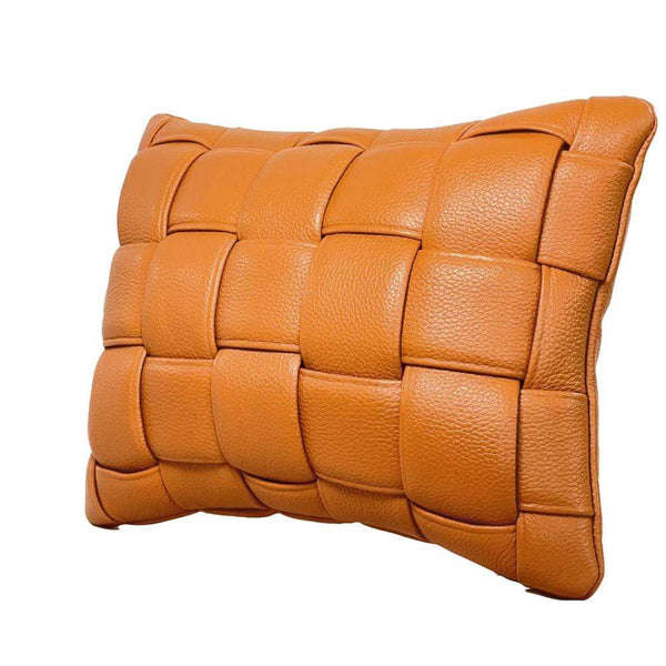 Medium Woven Leather Pillow - Cognac