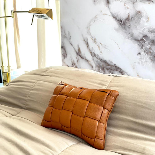 Mini Woven Leather Pillow - Cognac