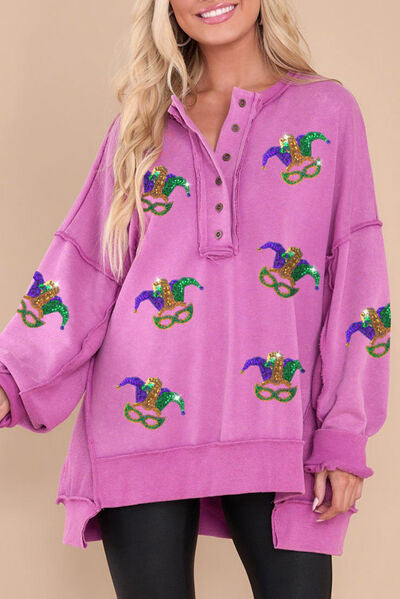 Mardi Gras Sequin Half Button Exposed Seam Sweatshirt