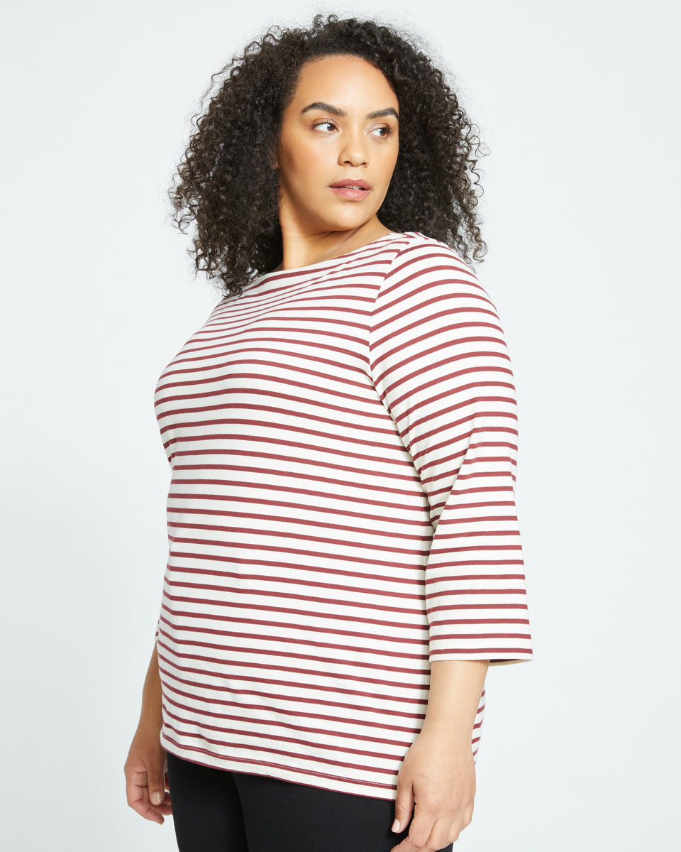 Belle Breton-Stripe Compact Jersey Tee - Ecru/Burgundy Stripe Zoom image 2