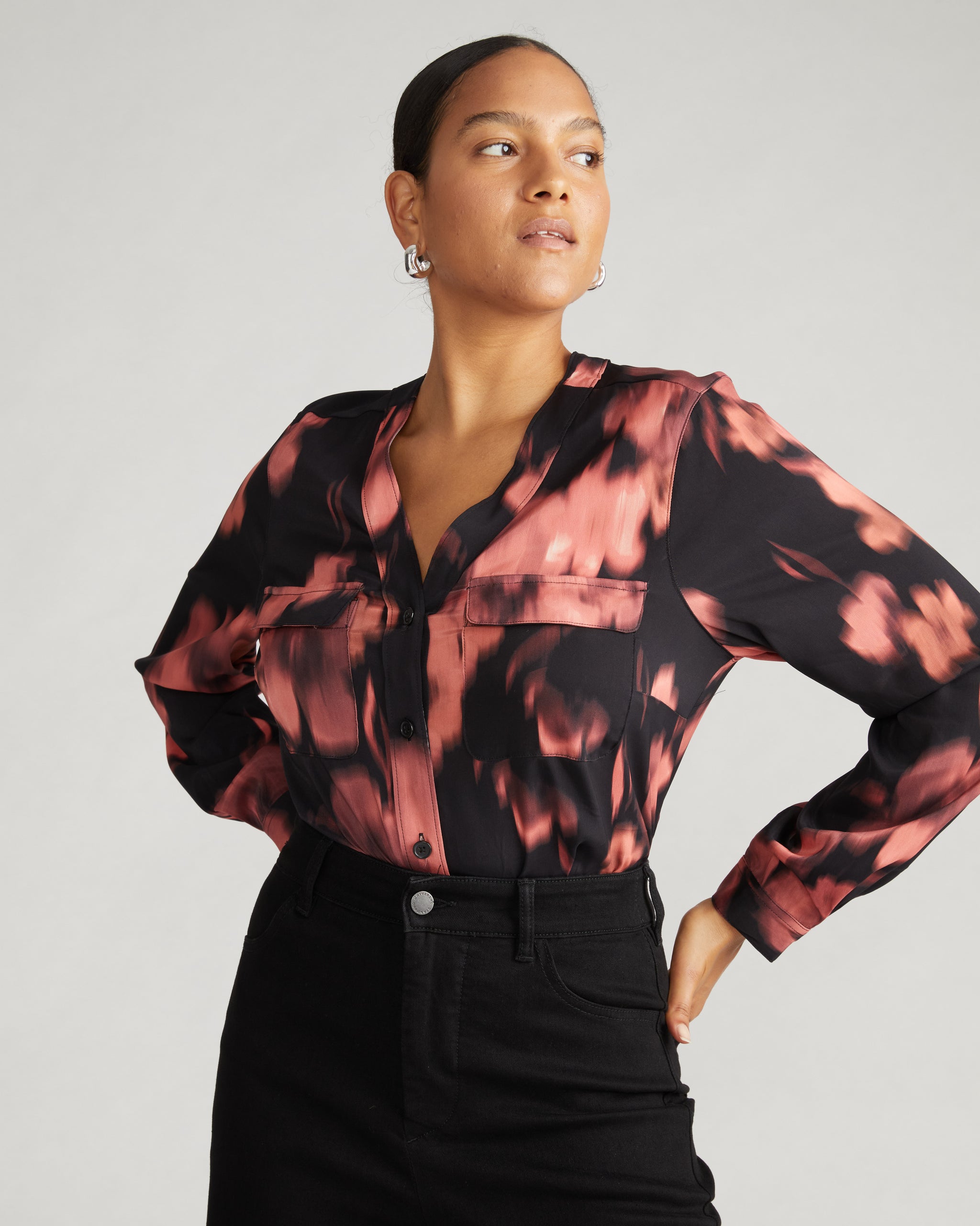 Cooling Stretch Cupro Button-Down Blouse - Nightbloom Print Zoom image 0