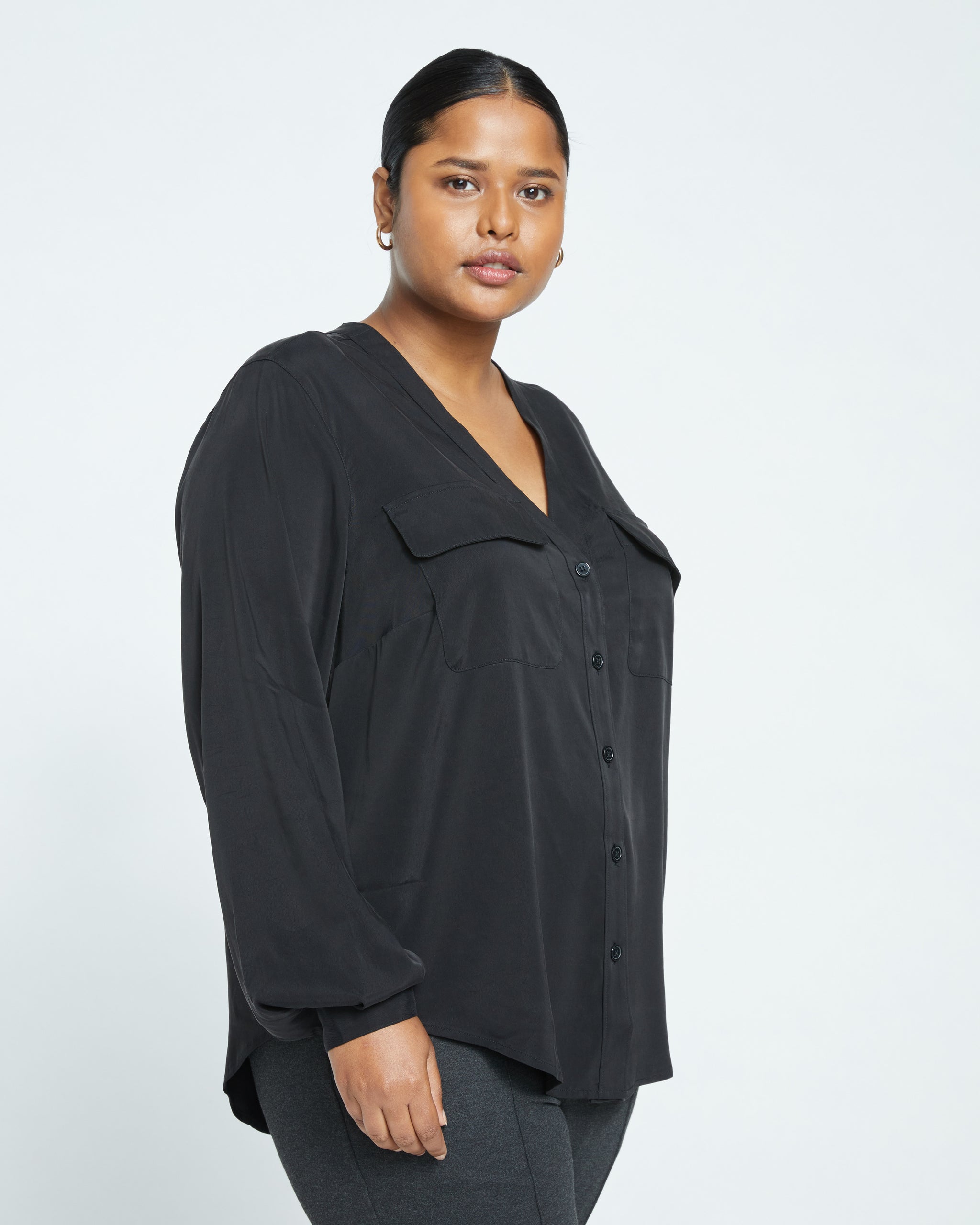 Cooling Stretch Cupro Button-Down Blouse - Black | Universal Standard