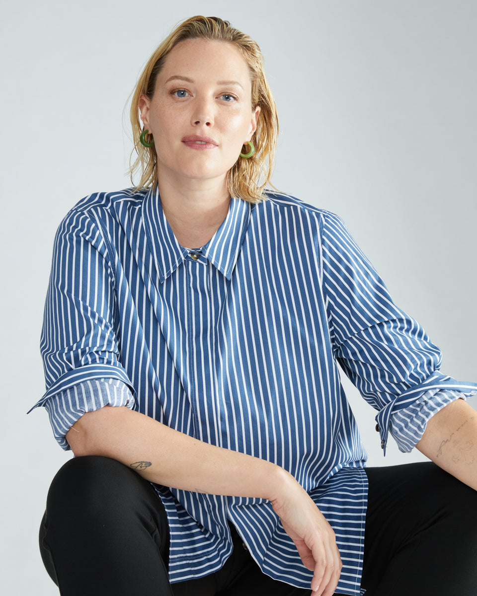 Elbe Stretch Poplin Shirt Classic Fit - Bleu Scolaire/White Stripe Zoom image 1