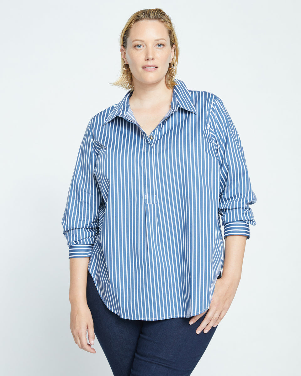 Elbe Popover Stretch Poplin Shirt Classic Fit - Bleu Scolaire/White Stripe Zoom image 0