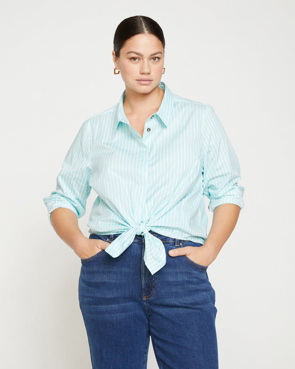 Elbe Stretch Poplin Shirt Classic Fit - Aqua/White Stripe Zoom image 0