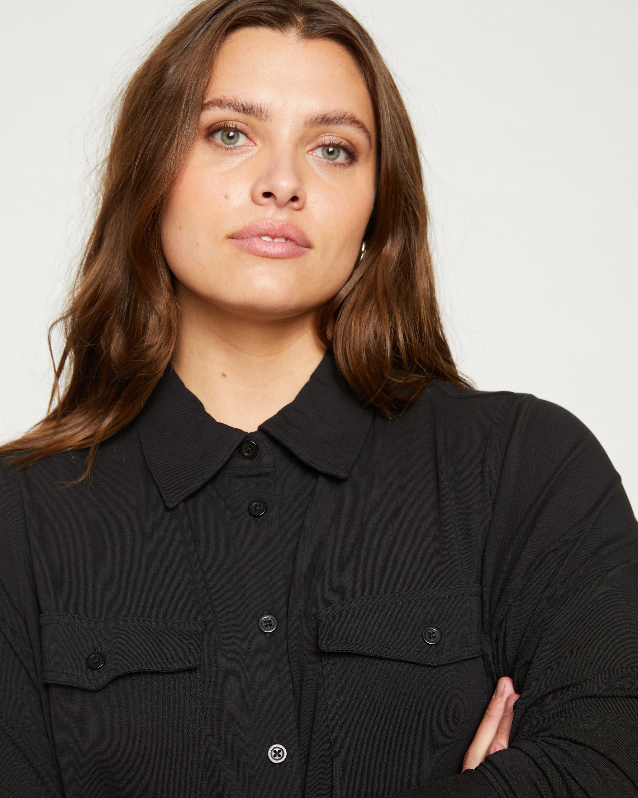 Ava Cotton Jersey Button-Down Shirt - Black | Universal Standard