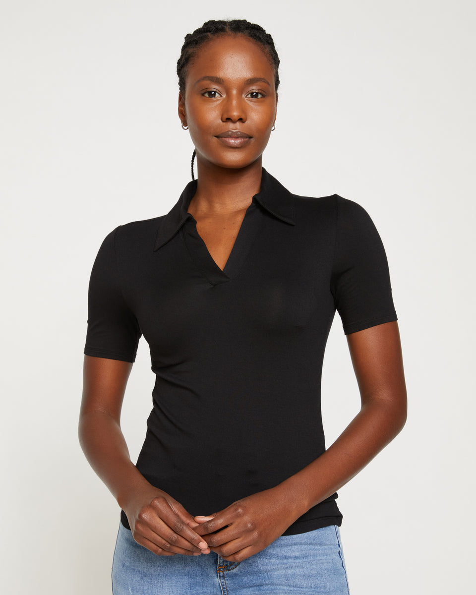 Apero Liquid Jersey Polo Top - Black Zoom image 4