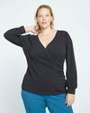 Crepe Jersey Gathered V-Neck Blouse - Black thumbnail 1