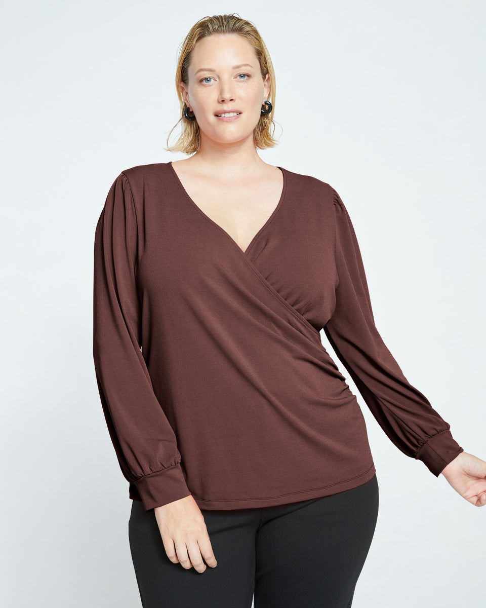 Crepe Jersey Gathered V-Neck Blouse - Brulee Zoom image 0