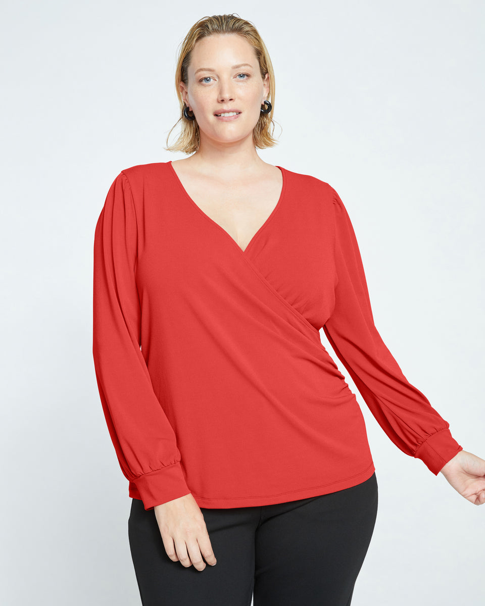 Crepe Jersey Gathered V-Neck Blouse - Vermilion Red Zoom image 0