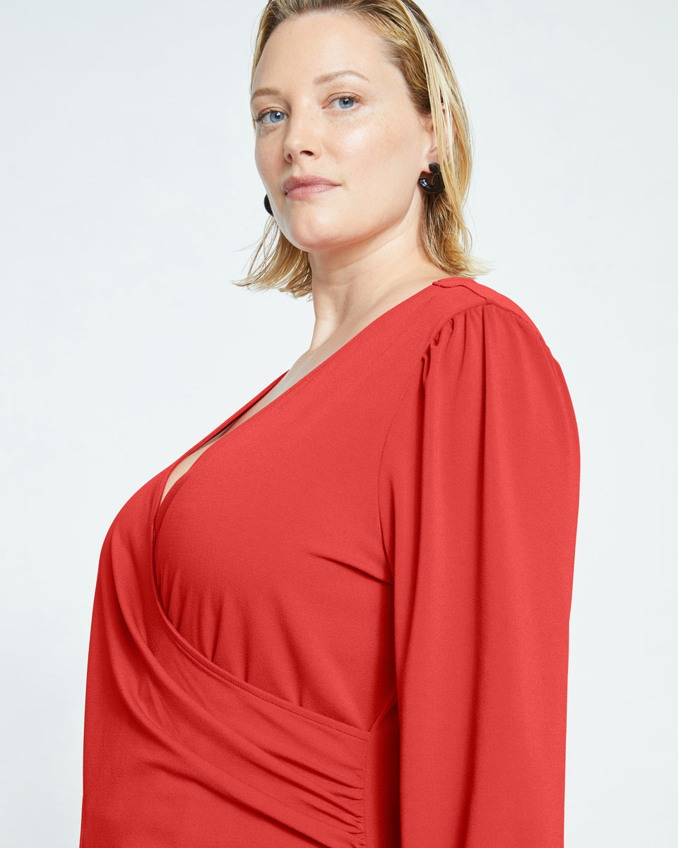 Crepe Jersey Gathered V-Neck Blouse - Vermilion Red Zoom image 1