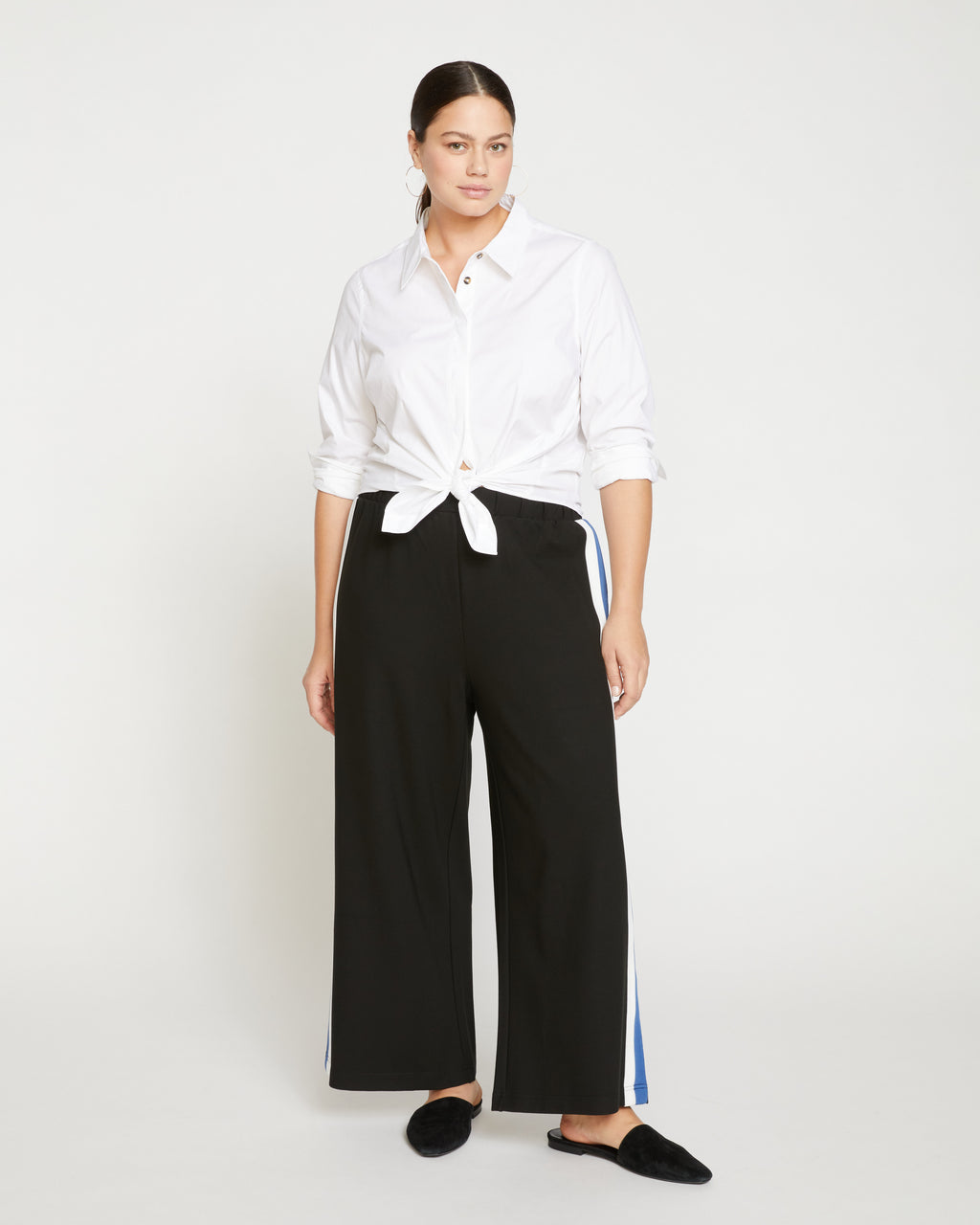 Stephanie Wide Leg Stripe Ponte Pants 27 Inch - Black with Blue/White Stripe - image 0