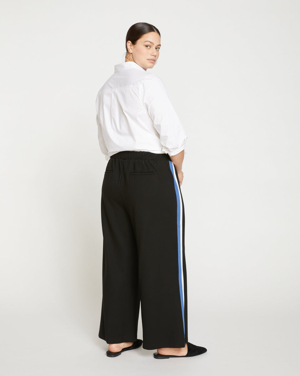 Stephanie Wide Leg Stripe Ponte Pants 27 Inch - Black with Blue/White Stripe Zoom image 3
