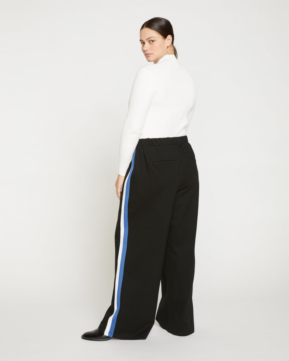 Stephanie Wide Leg Stripe Ponte Pants 33 Inch - Black with Blue/White Stripe Zoom image 3