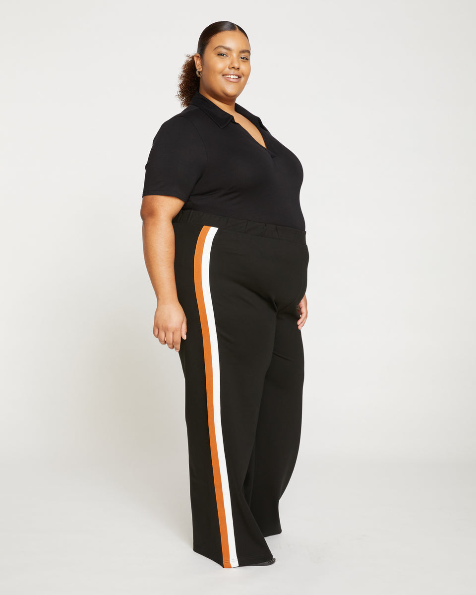 Stephanie Wide Leg Stripe Ponte Pants 33 Inch - Black with Ochre/White Stripe Zoom image 2