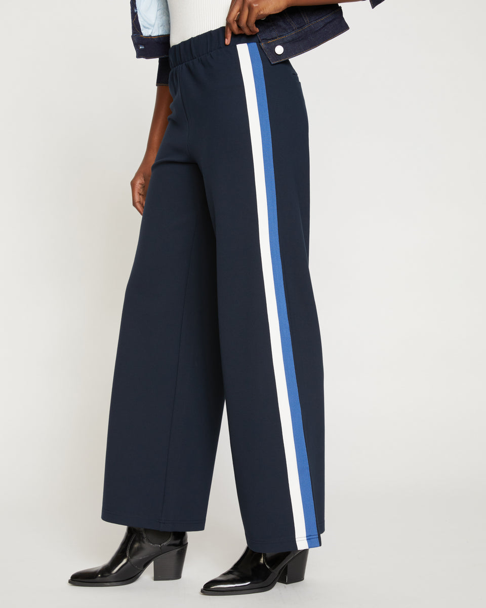 Stephanie Wide Leg Stripe Ponte Pants 33 Inch - Navy with Blue/White Stripe Zoom image 1