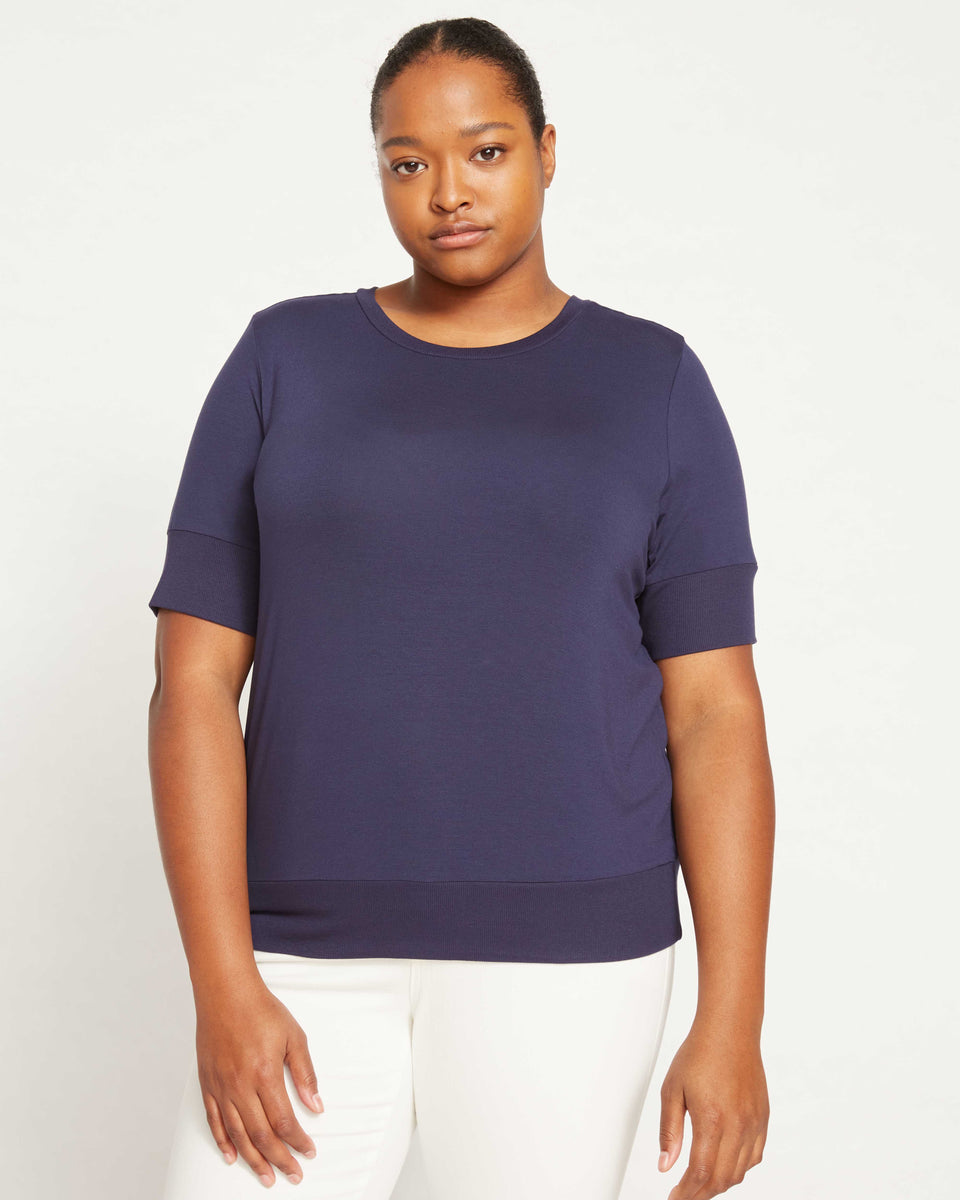 Aimee Liquid Jersey Rib Hem Tee - Navy Zoom image 0