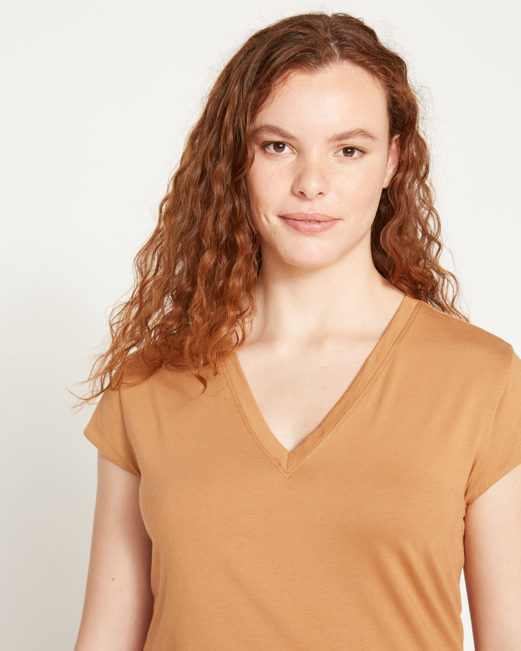 Ashley V Neck Cap Sleeve Tee - Caramel - image 0